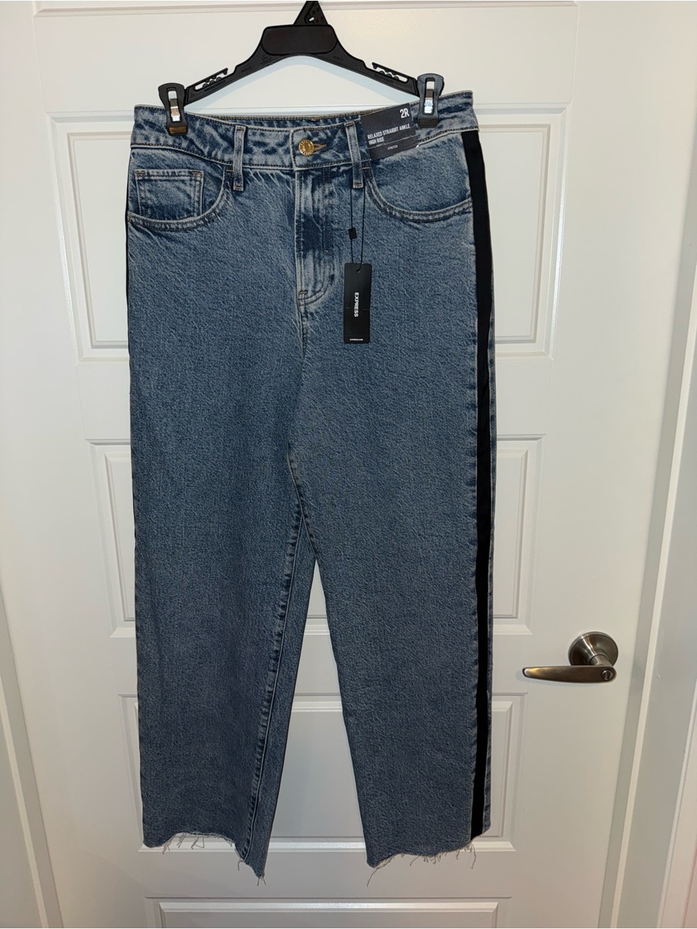 Express Straight Leg Blue Denim Jeans with Black Side Stripe
